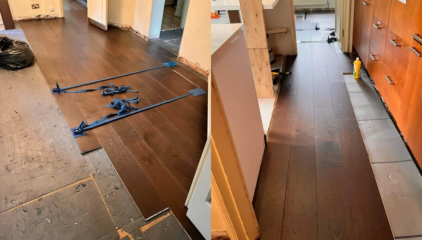 The preparation and installation process of a new wood floor in St Johns Wood, London, showing precise alignment and fitting techniques.