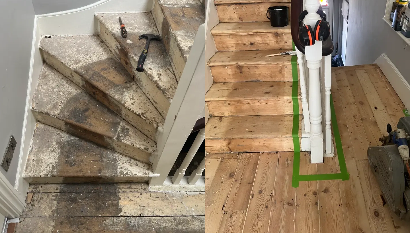 Side-by-side comparison of a staircase restoration in Wood Green, London. The left side shows worn and painted stairs with heavy discolouration, while the right side reveals the restored wood after sanding, ready for staining and finishing.