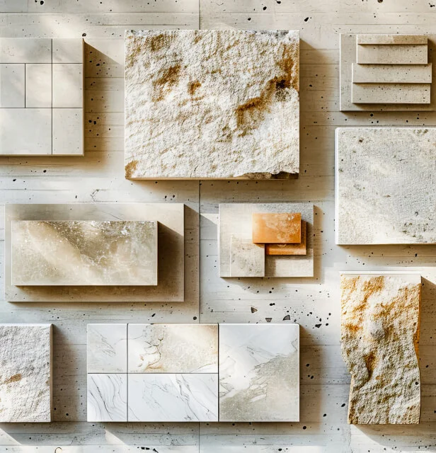Various limestone surface textures and finishes displayed as tile samples, illustrating the range of cleaning, polishing, and restoration options.