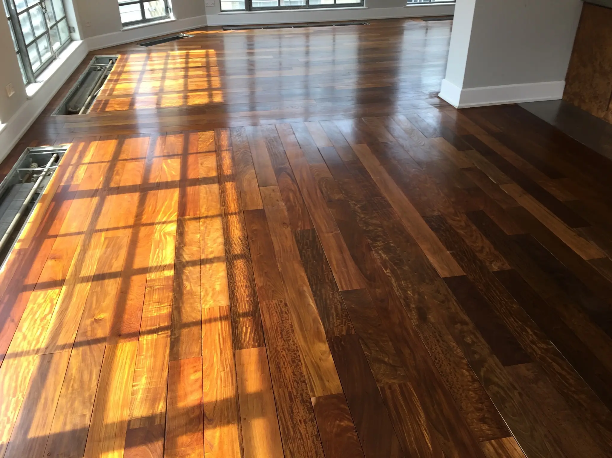 Ipe Lapacho wood floor sanding in London using Pallmann Allbase primer and Pall-X 98 lacquer
