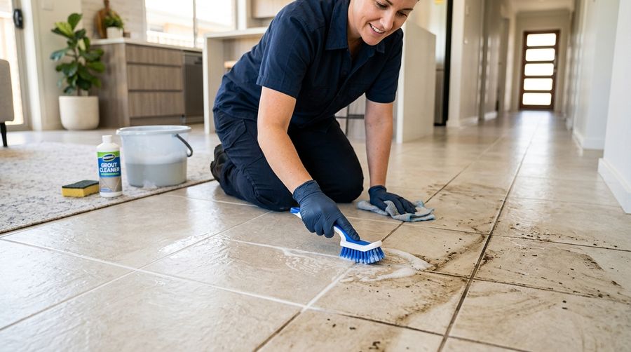 A cleaning technician kneeling on a tile floor, scrubbing grout lines by hand in a home hallway