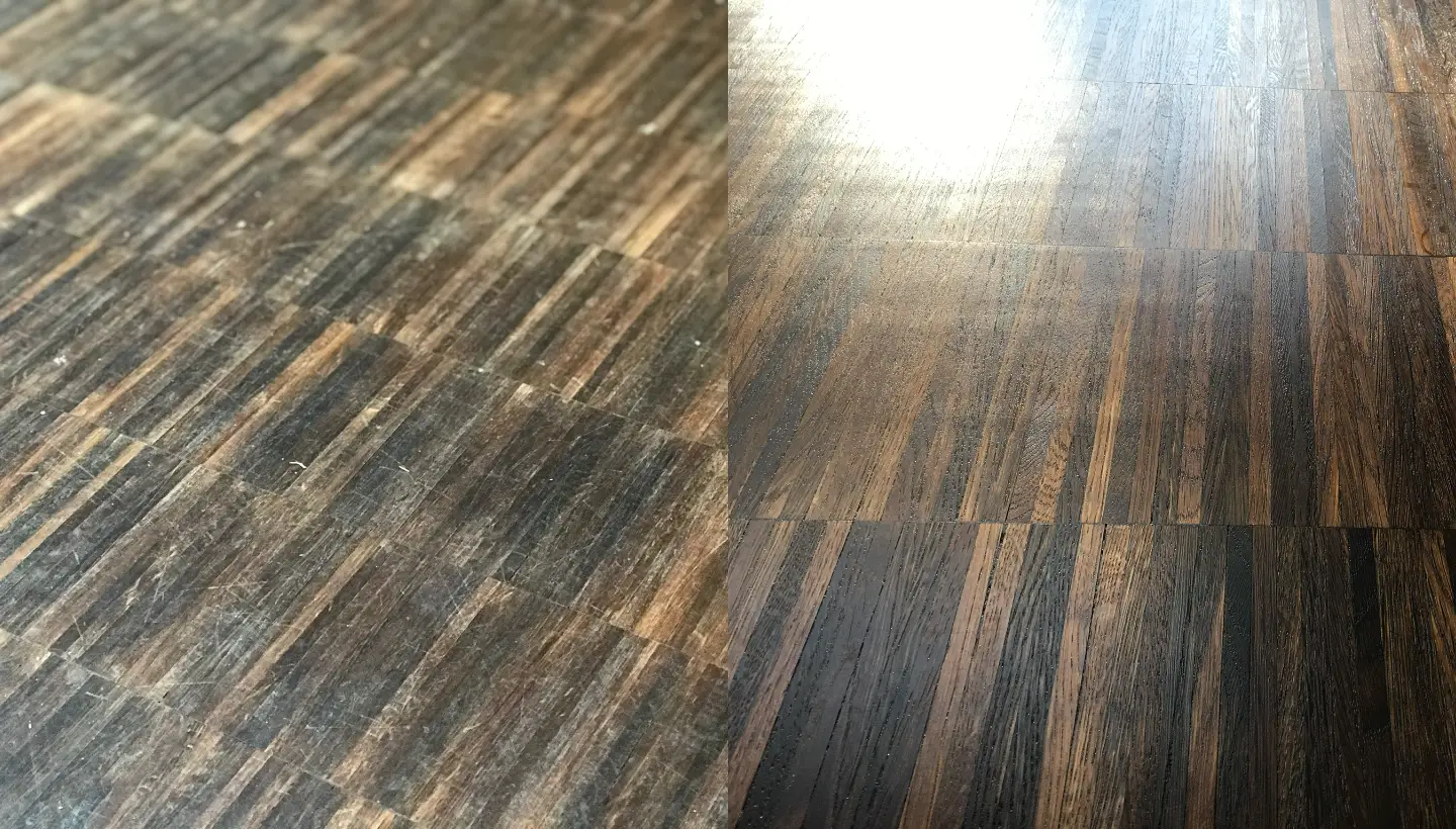 A before-and-after comparison of a fumed oak floor restoration in Wandsworth, London. The left side shows the worn, scratched surface before sanding and oiling, while the right side displays the revitalised floor with enhanced grain and deep colour tones after applying Pallmann Magic Oil 2K.