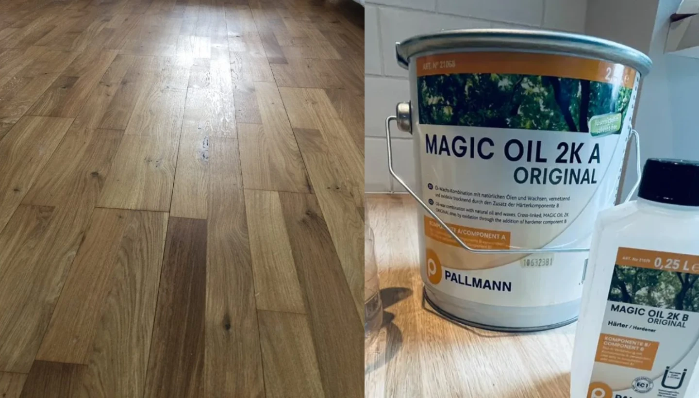 Side-by-side comparison of an oak floor restoration in Pratts Bottom, South London. The left image showcases the freshly oiled oak floor, while the right image displays Pallmann Magic Oil 2K used for long-term protection.