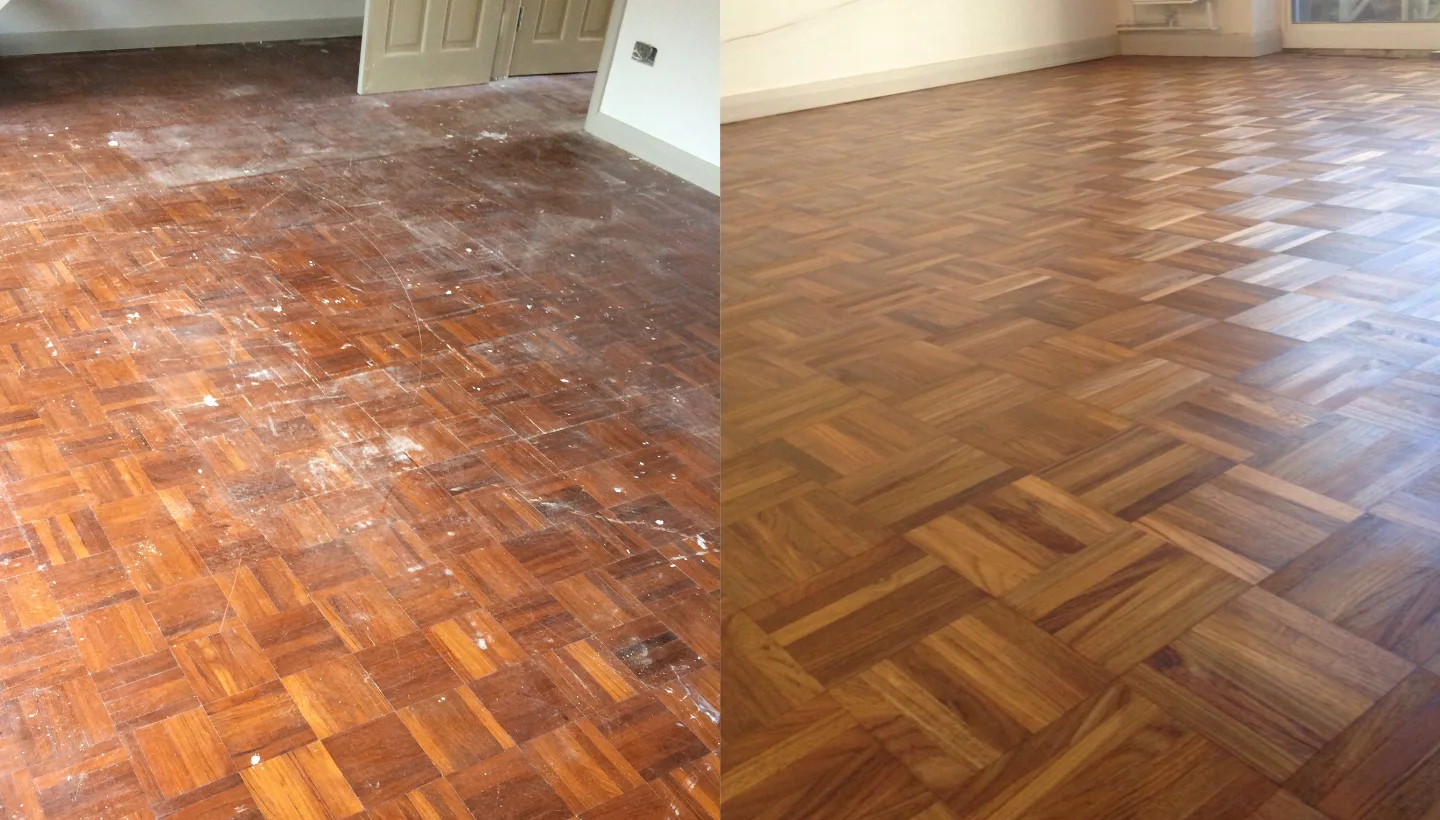 A before-and-after comparison of a 5-finger parquet teak floor in London, showing the transformation from a scratched and worn surface to a smooth, vibrant finish.