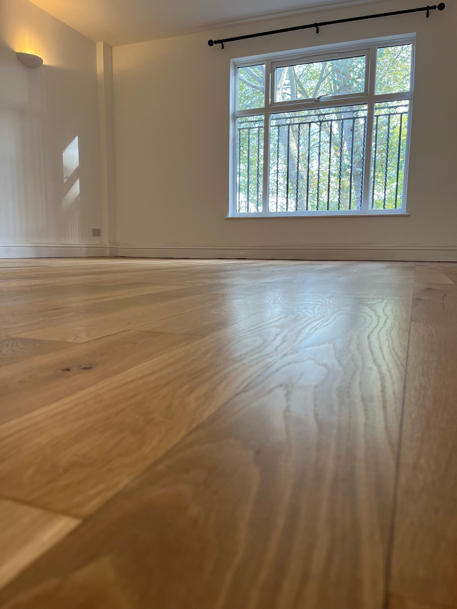 Low-angle view across a natural oak floor towards a large window, with the grain visible in the light.