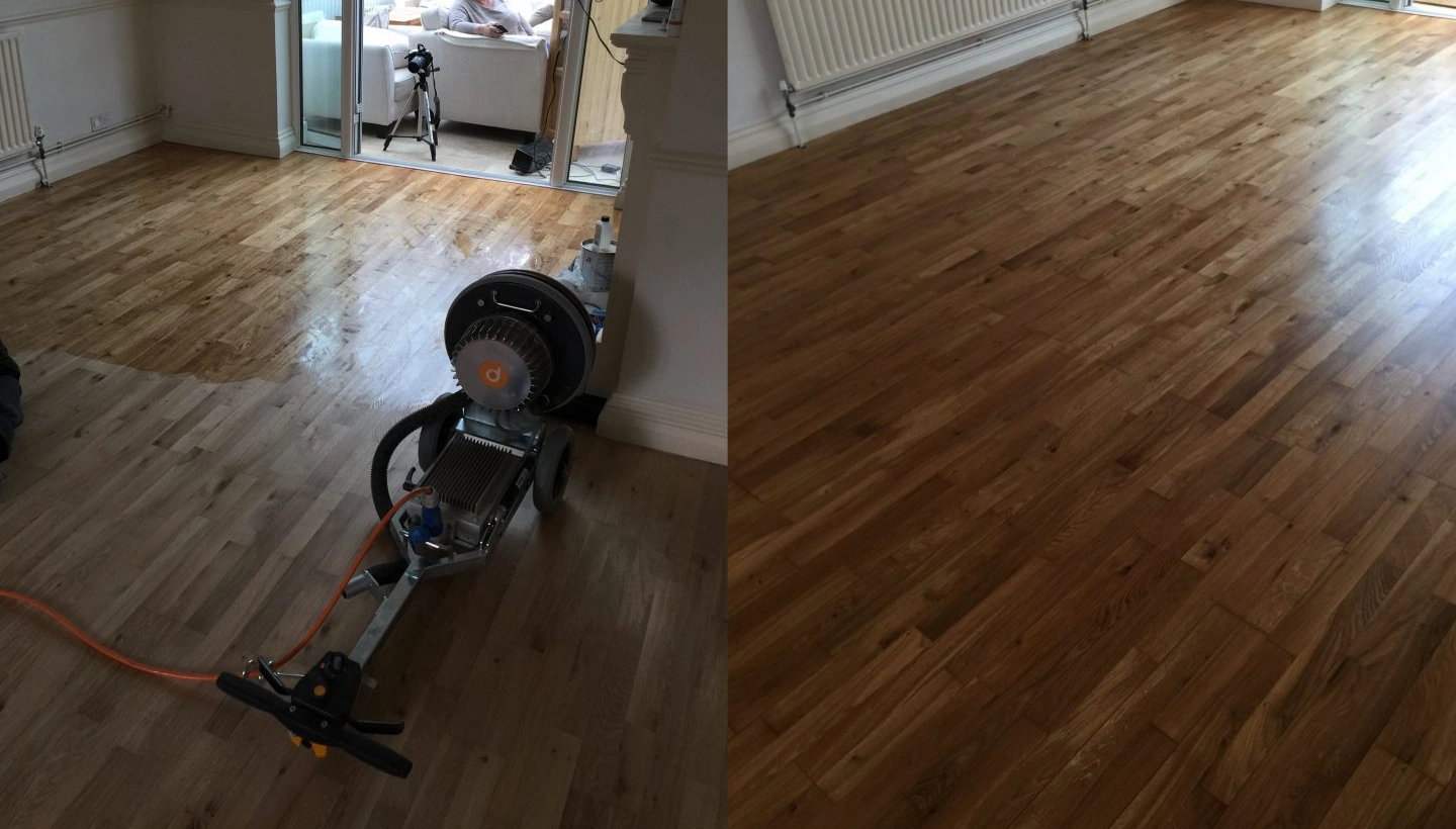 Side-by-side comparison of an oak floor restoration in Pratts Bottom, South London. The left image shows the floor being sanded and oiled, while the right image highlights the fully restored floor with a rich, even finish.