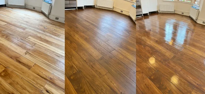 Three-stage comparison of a wood floor showing the transformation from bare sanding, to freshly stained timber, to a fully varnished and protected finish.