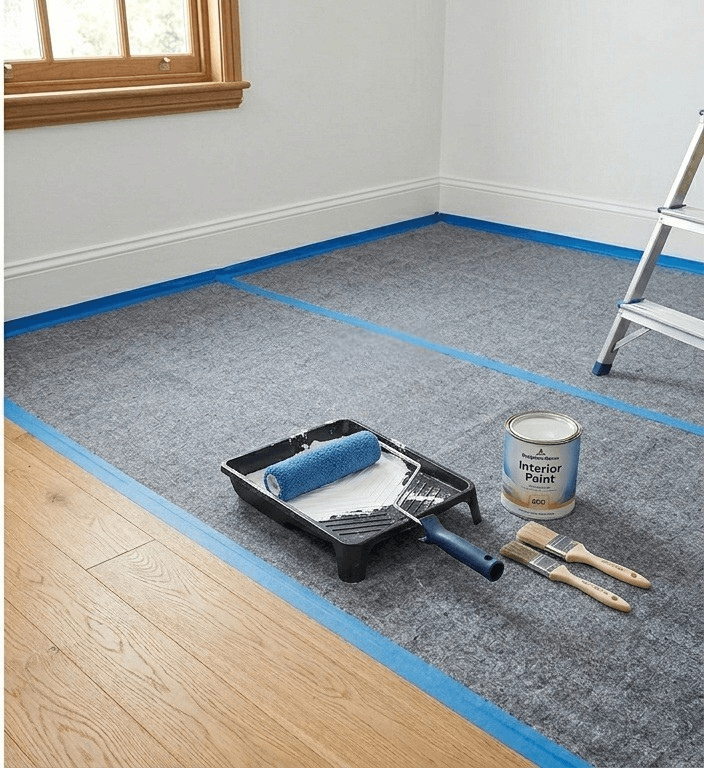 Protected floor with painting supplies set up for interior painting in London