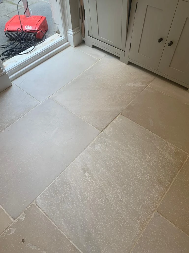 Close-up of cleaned limestone tiles in a bright Tooting kitchen