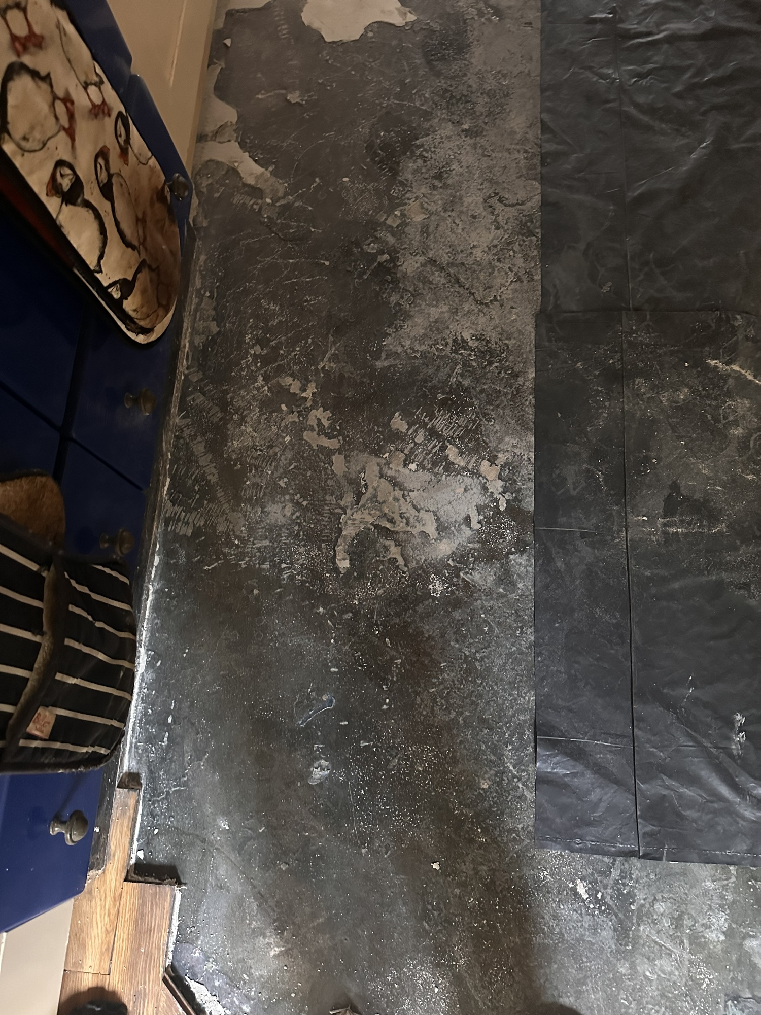 Kitchen subfloor prepared for parquet reinstatement in Angel, London
