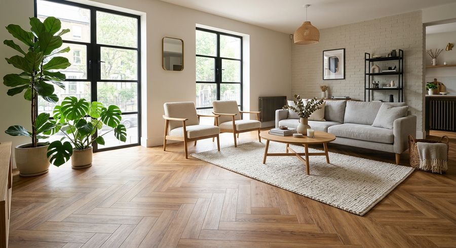 Open-plan living room with oak-effect herringbone LVT flooring, a cream wool rug, grey sofa and tall black-framed windows