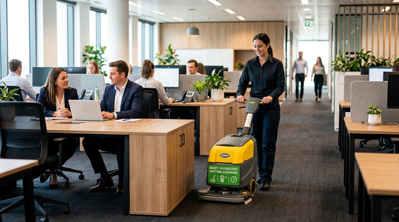 Cleaning technician using a compact battery-powered scrubber machine in a busy open-plan office while staff continue working at their desks.