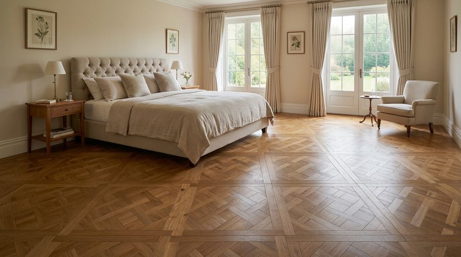Warm-toned basket-weave parquet flooring in a bedroom with an upholstered bed, neutral bedding, and curtained French doors leading to a garden.