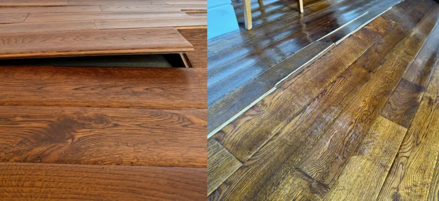 Water-damaged oak wood floors in London showing lifted boards and warped planks caused by leaks and excess moisture.