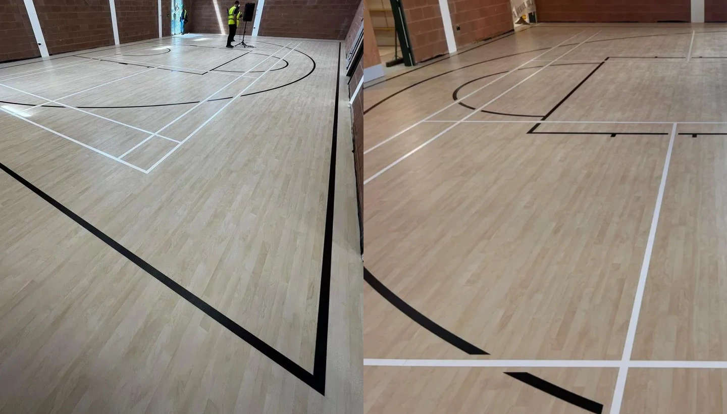 Completed sports hall floor in London after professional line marking and PU sealing, ensuring a durable and safe playing surface.