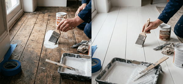 Before-and-after view of wooden floor painting using white floor paint in a London home