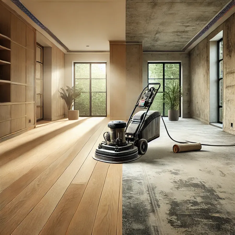 A professional floor sanding machine in use, with half the floor freshly sanded and the other half still covered in old paint splatters. The walls are newly painted, demonstrating the choice between sanding before or after painting while maintaining a dust-free environment.