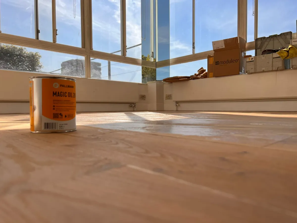 Sanded wood floor in Soho with Pallmann Magic Oil 2K ready for application