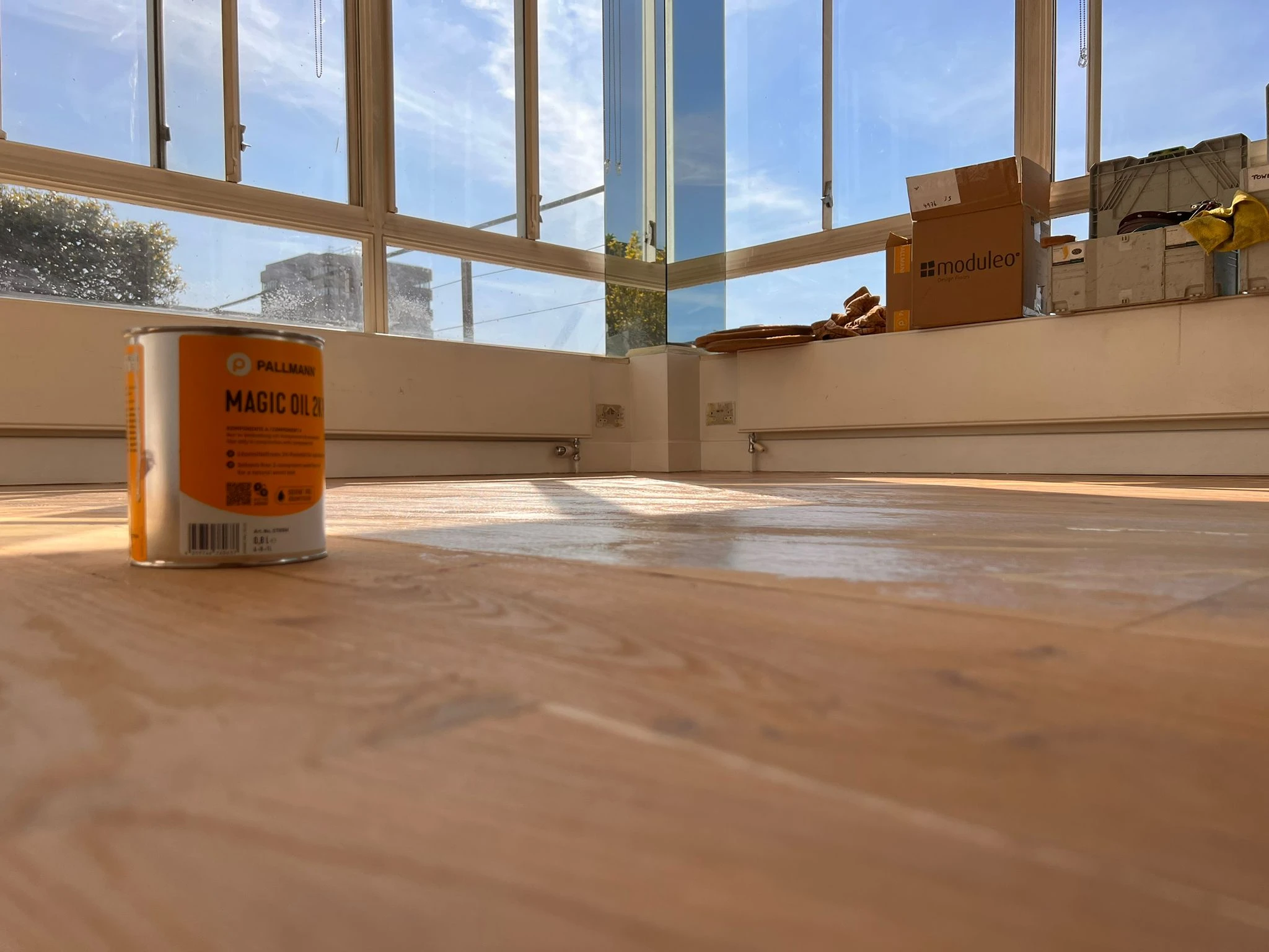 Sanded wood floor in Soho with Pallmann Magic Oil 2K ready for application