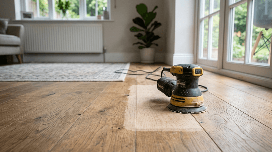 Random orbital sander on wooden floorboards during wood floor restoration in London