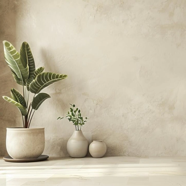 Minimalist limestone interior with soft natural light and potted plants, representing care, calm, and expert limestone maintenance.