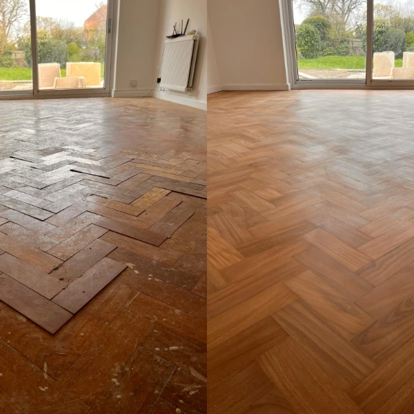 Before and after parquet floor repair, showing damaged and loose blocks restored to a smooth, uniform surface.