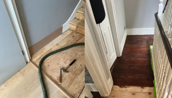Side-by-side comparison of a wood floor and staircase restoration in Wood Green, London. The left side shows the unfinished wood with tools, while the right side displays the stained and refinished floor with a rich mahogany tone.