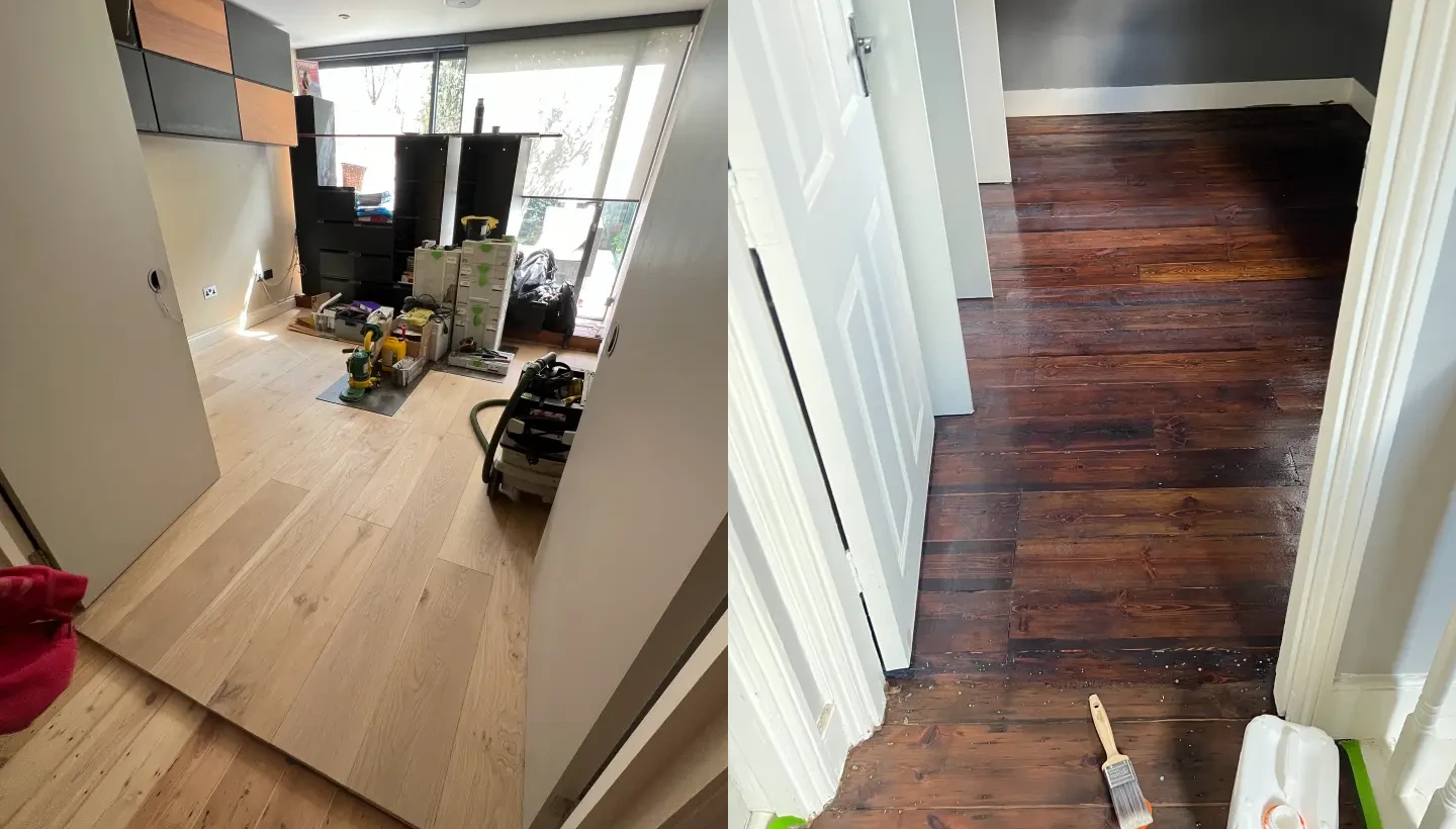 Side-by-side comparison of a floor refinishing project in Wood Green, London. The left image shows an unfinished wooden floor before staining and lacquering, while the right image highlights the completed dark-stained and lacquered finish.