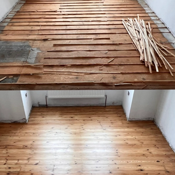 Before and after images of a wooden floor repair, showing gap filling with wooden slivers and a restored, polished finish.