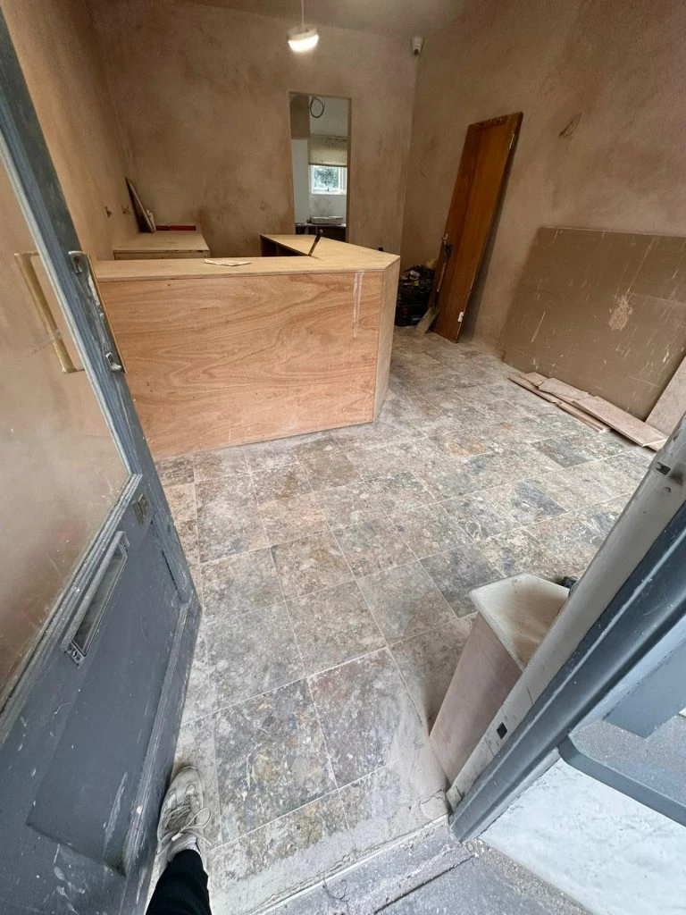 Marble floor at shop entrance before polishing in London
