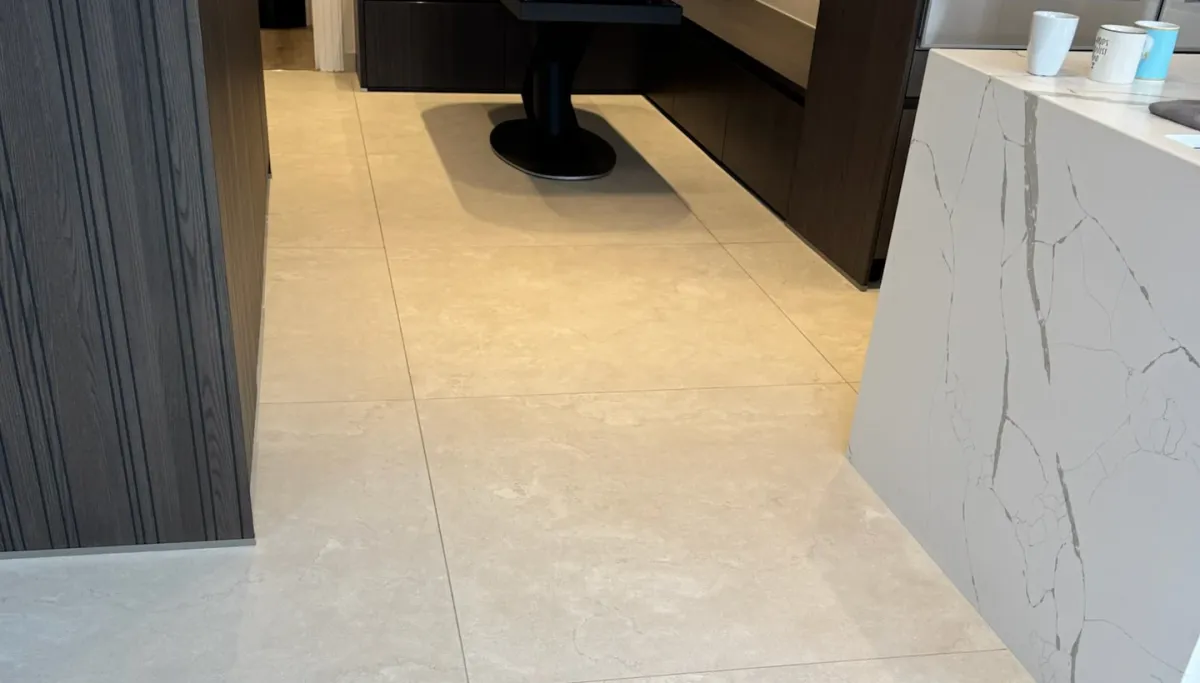 Sealed textured porcelain floor in Hampstead kitchen after PU application