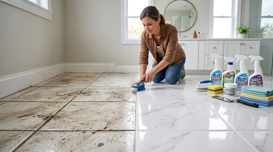 Woman kneeling to scrub discoloured bathroom tile grout with a blue brush, next to a lineup of grout and tile cleaning products, a tub of grout colorant, cleaning cloths, and a scrub brush and sponge.
