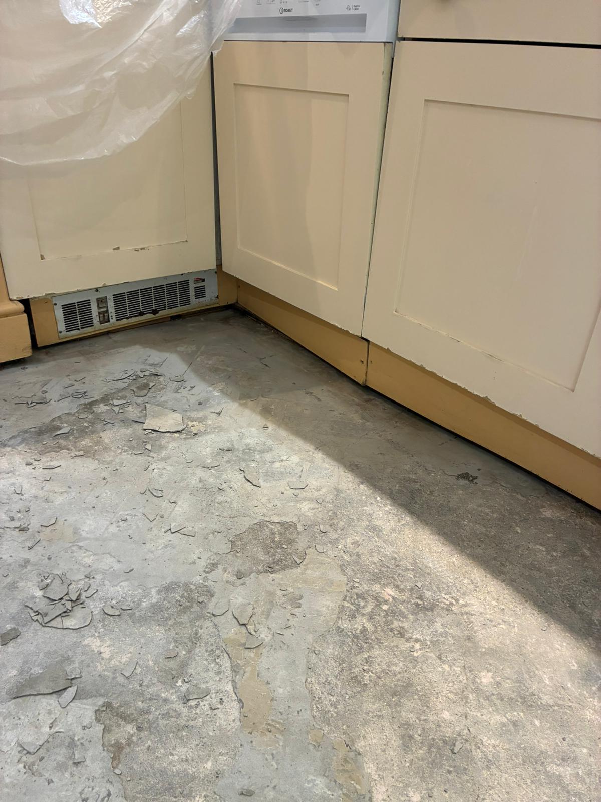 Parquet floor repair with exposed subfloor preparation in Angel, London