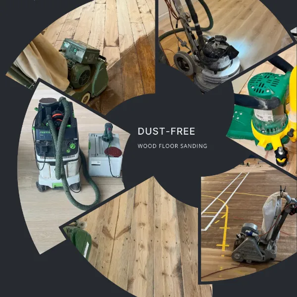 A collage of dust-free sanding machines used in London homes and commercial spaces, showcasing precision and clean results