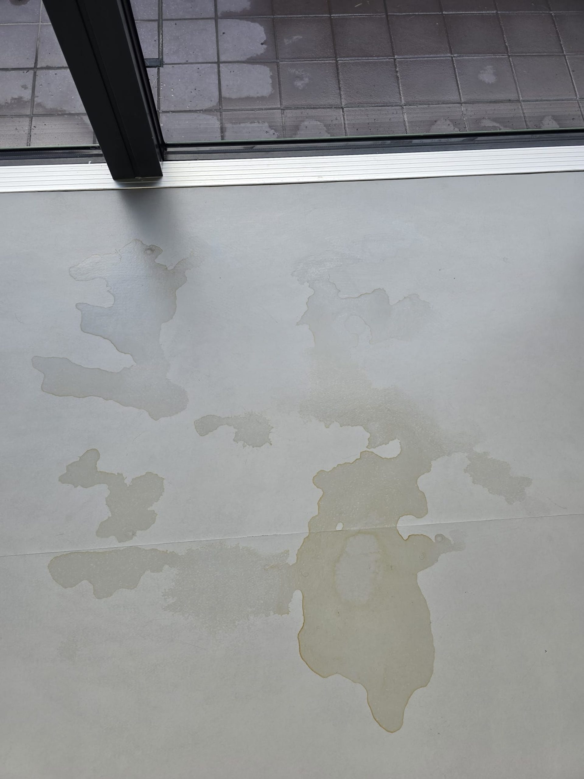 Moisture staining visible on a resin floor near glazed doors in Kennington, South London