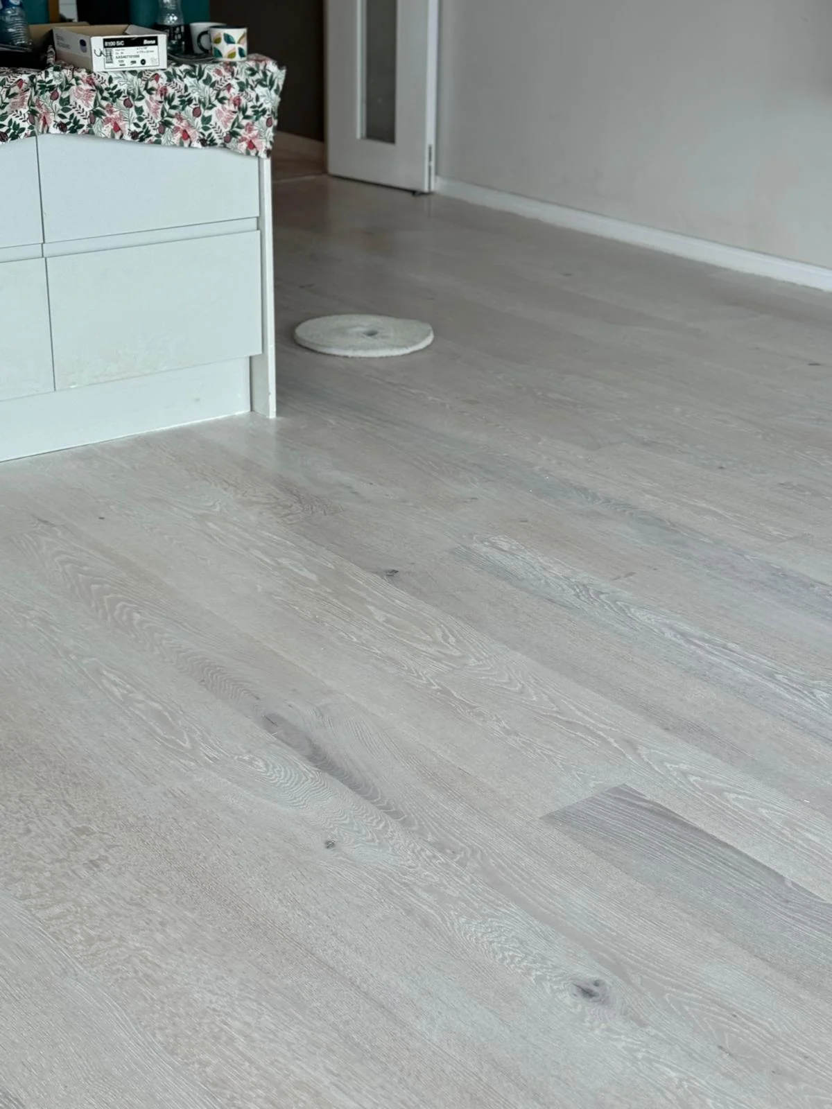 Wood floor sanding and finished with Scandinavian effect white finish in London