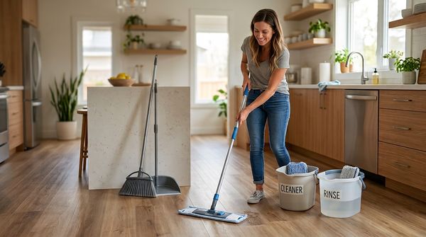 Woman mopping a vinyl plank floor in a London home using separate cleaner and rinse buckets