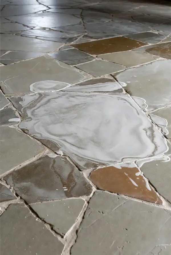 liquid residue on stone floor tiles showing surface cleaning problem