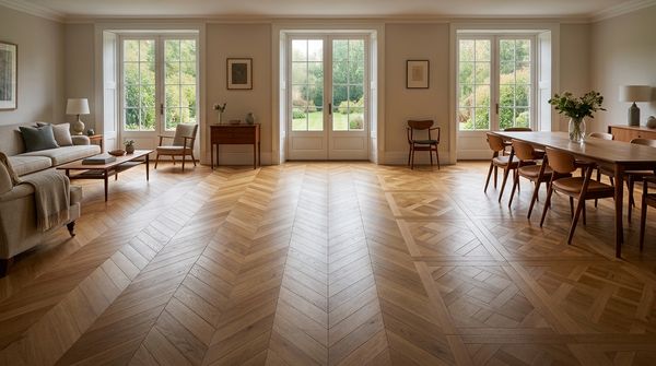 Light oak herringbone parquet flooring in an open-plan living and dining room, with a geometric basket-weave border near the dining table and French doors overlooking a garden.