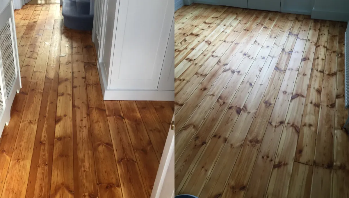 Sanded and oiled pine floorboards in a Dulwich Village home, showcasing a warm and natural finish.