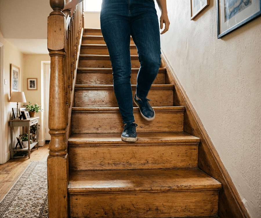 Person walking down an older wooden staircase in a London home.
