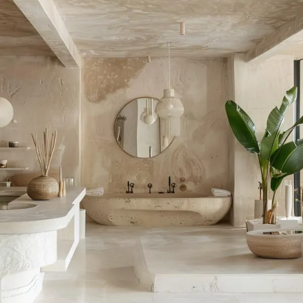 Elegant limestone interior with natural textures, showing a well-maintained surface supported by ongoing care and seasonal maintenance.