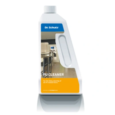 Dr. Schutz PU Cleaner bottle for cleaning and maintaining PU-sealed floors, shown with label highlighting its use for daily floor care.