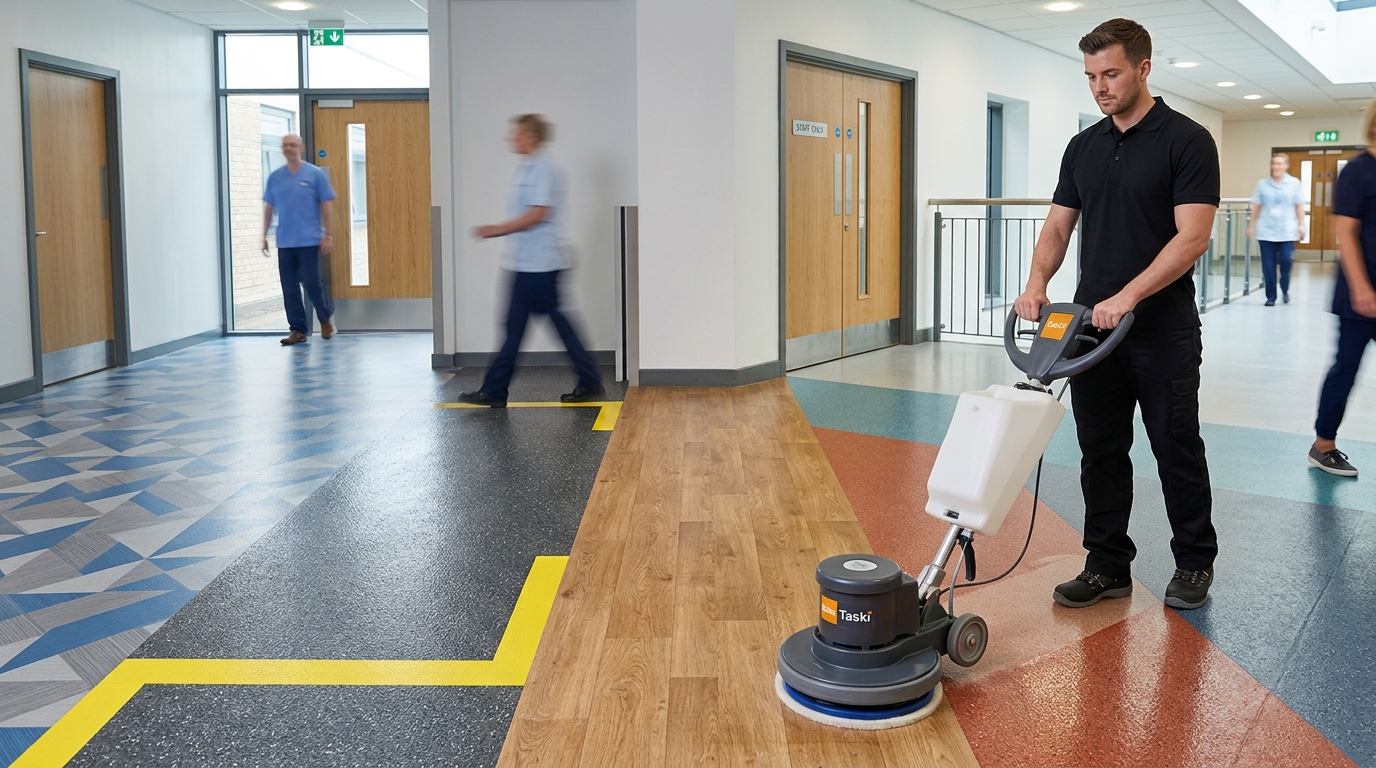 Cleaning technician using a Taski rotary floor machine on a wood-effect vinyl floor in a busy hospital corridor, with staff walking past and yellow directional floor markings visible.