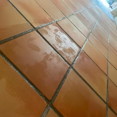Terracotta floor tiles with visible moisture trapped under the sealant, causing uneven patches. The image highlights issues related to improper sealing or trapped dampness in porous tiles.