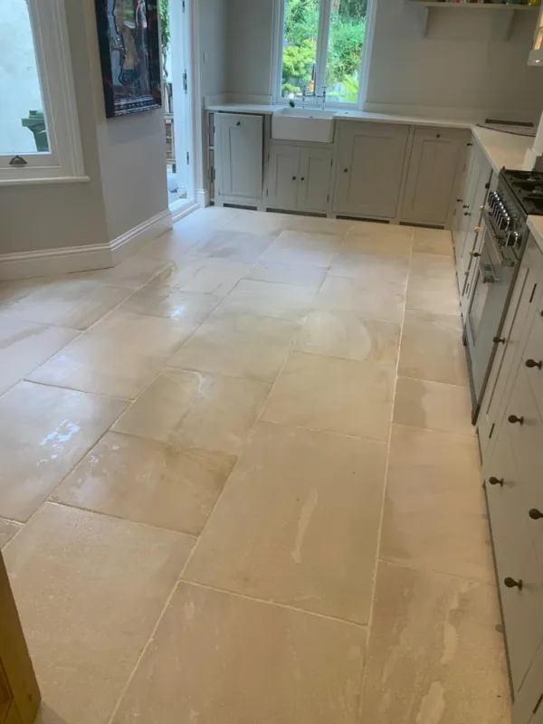 Cleaned and sealed limestone floor in a bright kitchen in Tooting