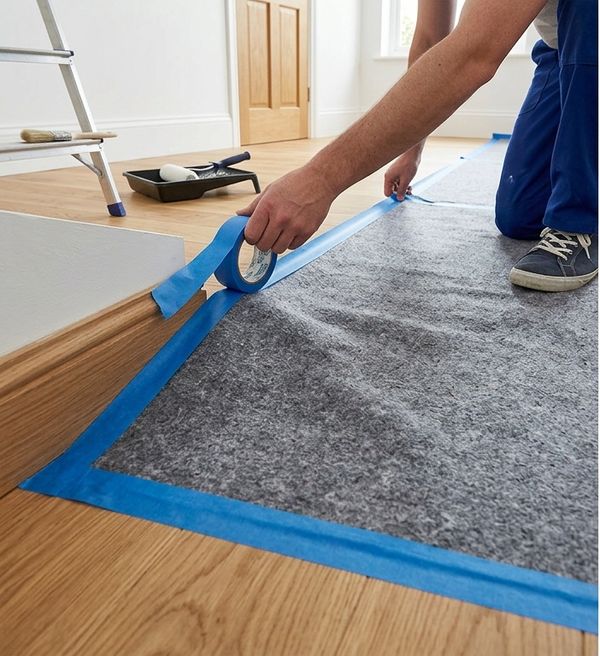 Floor protection film being taped down before interior painting work in a London home