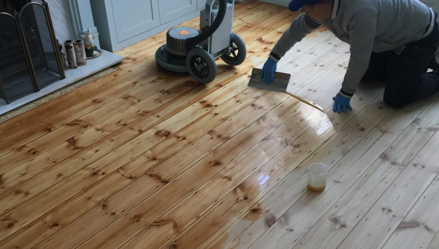 Floorboard oiling in progress, with a professional applying Pallmann Magic Oil to enhance the wood’s natural tones.