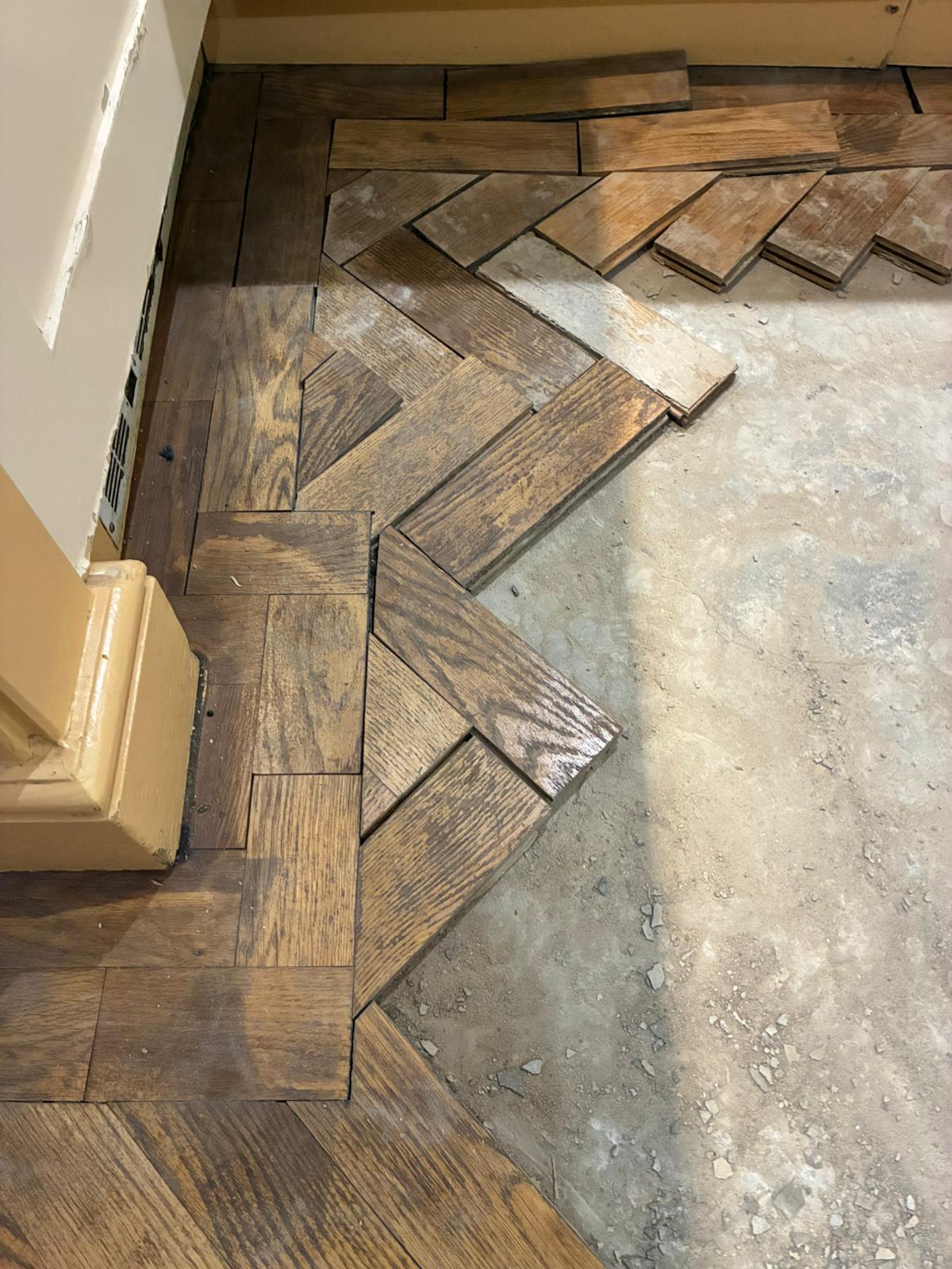 Oak parquet floor reinstatement in progress in Angel, London