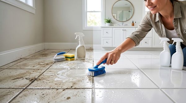 Split before-and-after view of a bathroom tile floor, with grimy black-stained grout on the left and bright white scrubbed grout on the right, being cleaned with a blue scrub brush.